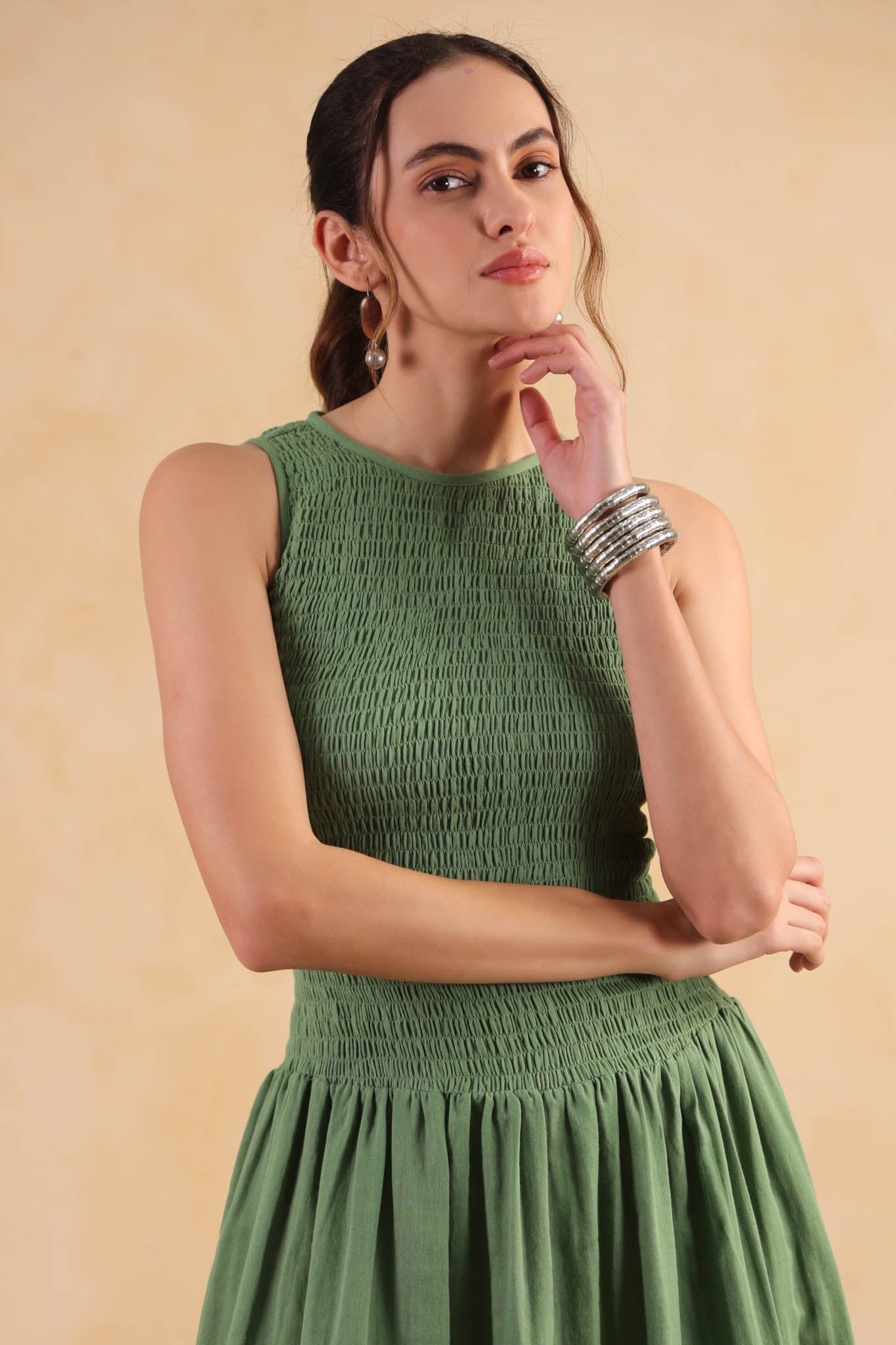 Smocked Drop Waist Dress-Turf Green