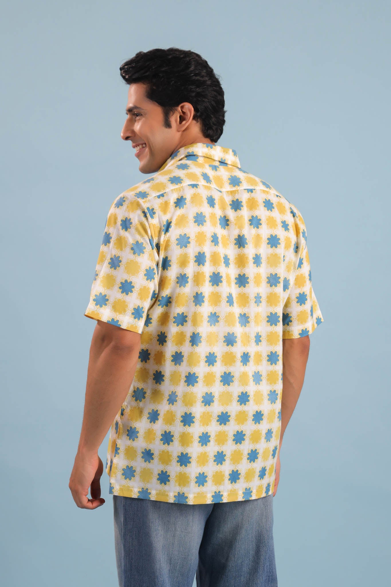 Geometric Print Cotton Shirt – White/Yellow