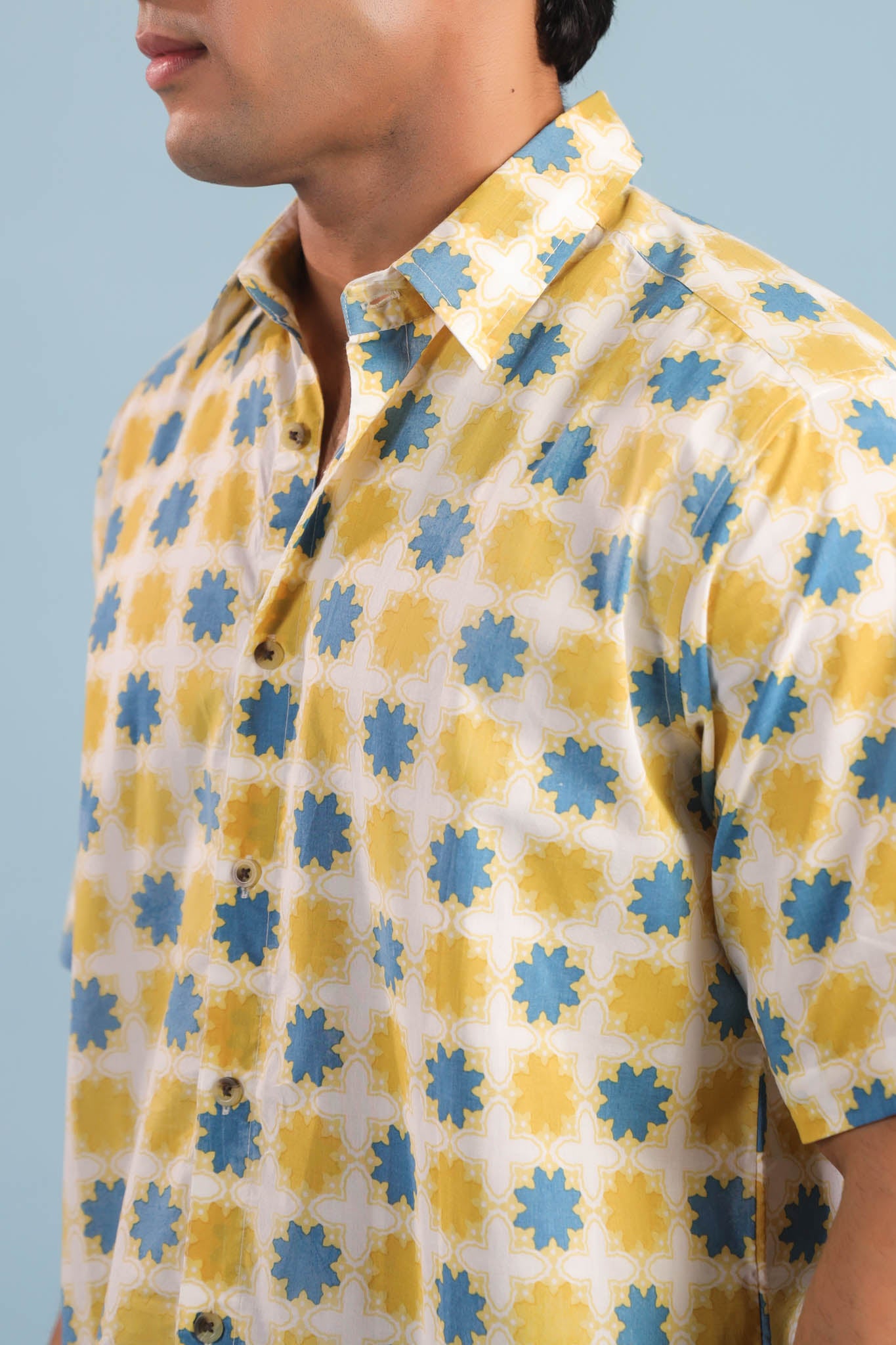 Geometric Print Cotton Shirt – White/Yellow