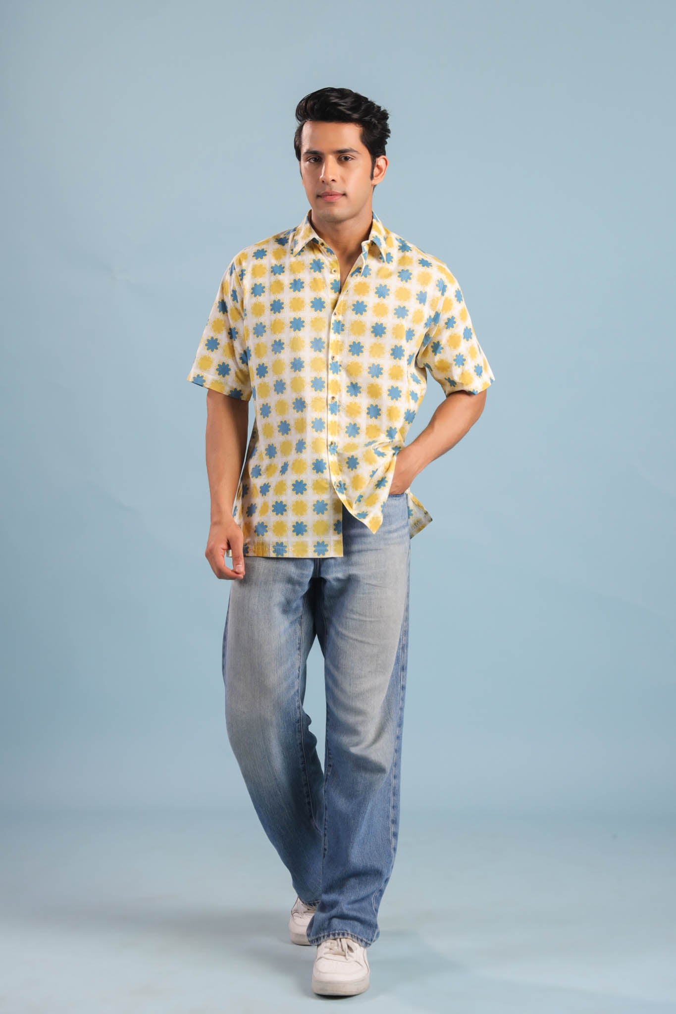 Geometric Print Cotton Shirt – White/Yellow