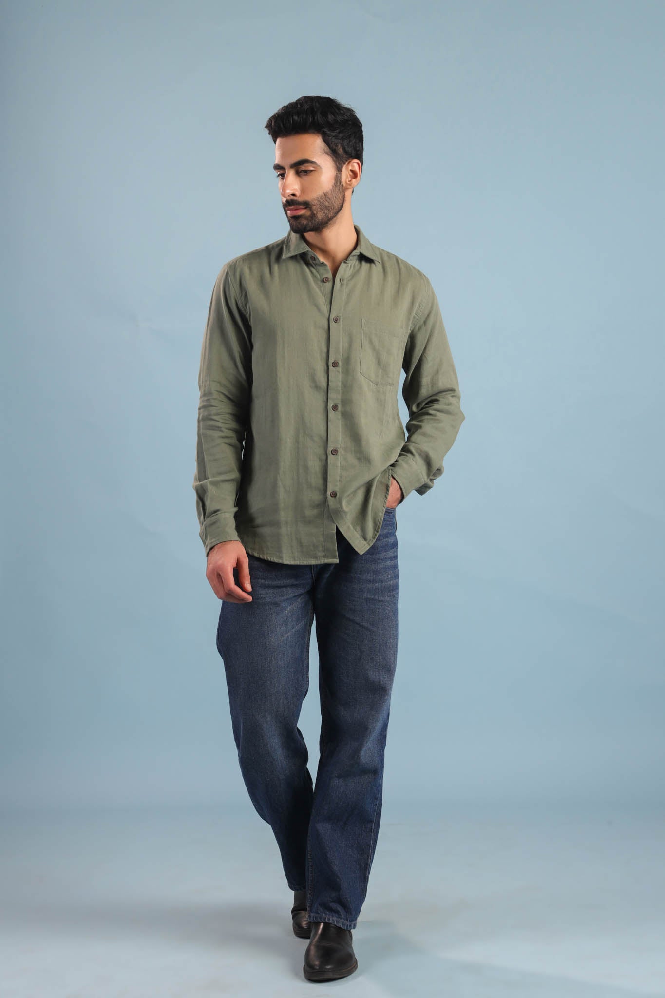 Men’s Double Gauze Cotton Shirt – Olive