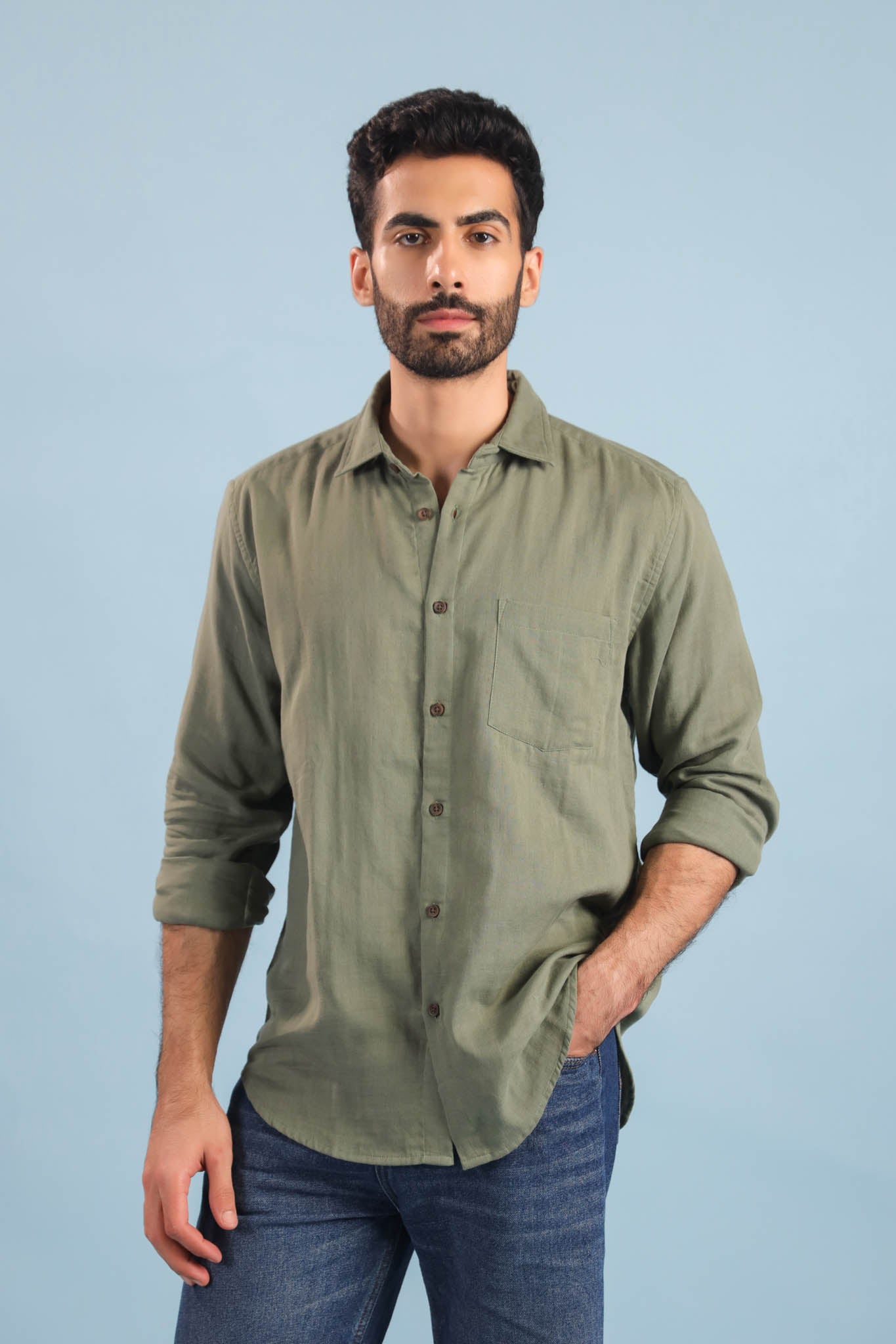 Men’s Double Gauze Cotton Shirt – Olive
