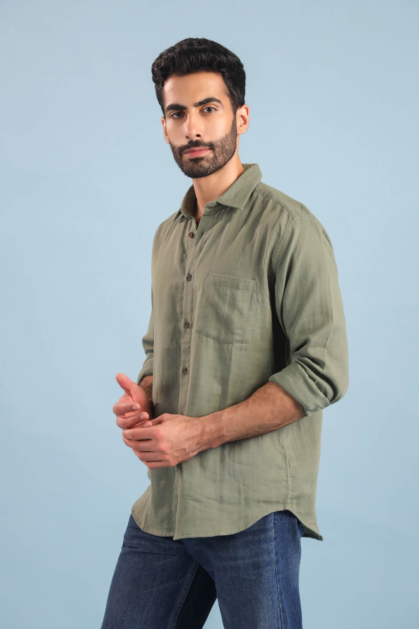 Men’s Double Gauze Cotton Shirt – Olive