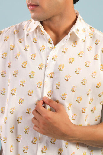 Floral Buti Cotton Shirt – Creme/Yellow