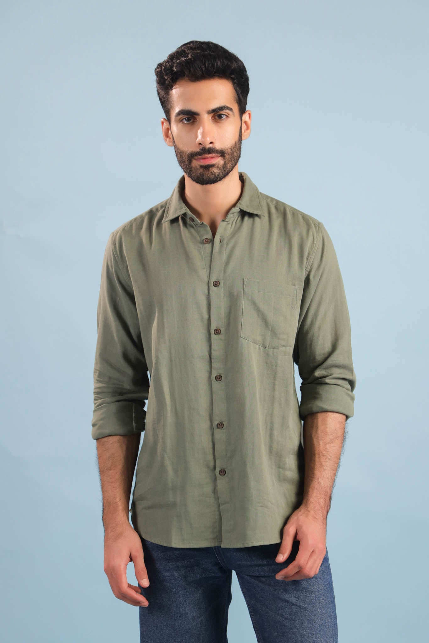 Men’s Double Gauze Cotton Shirt – Olive