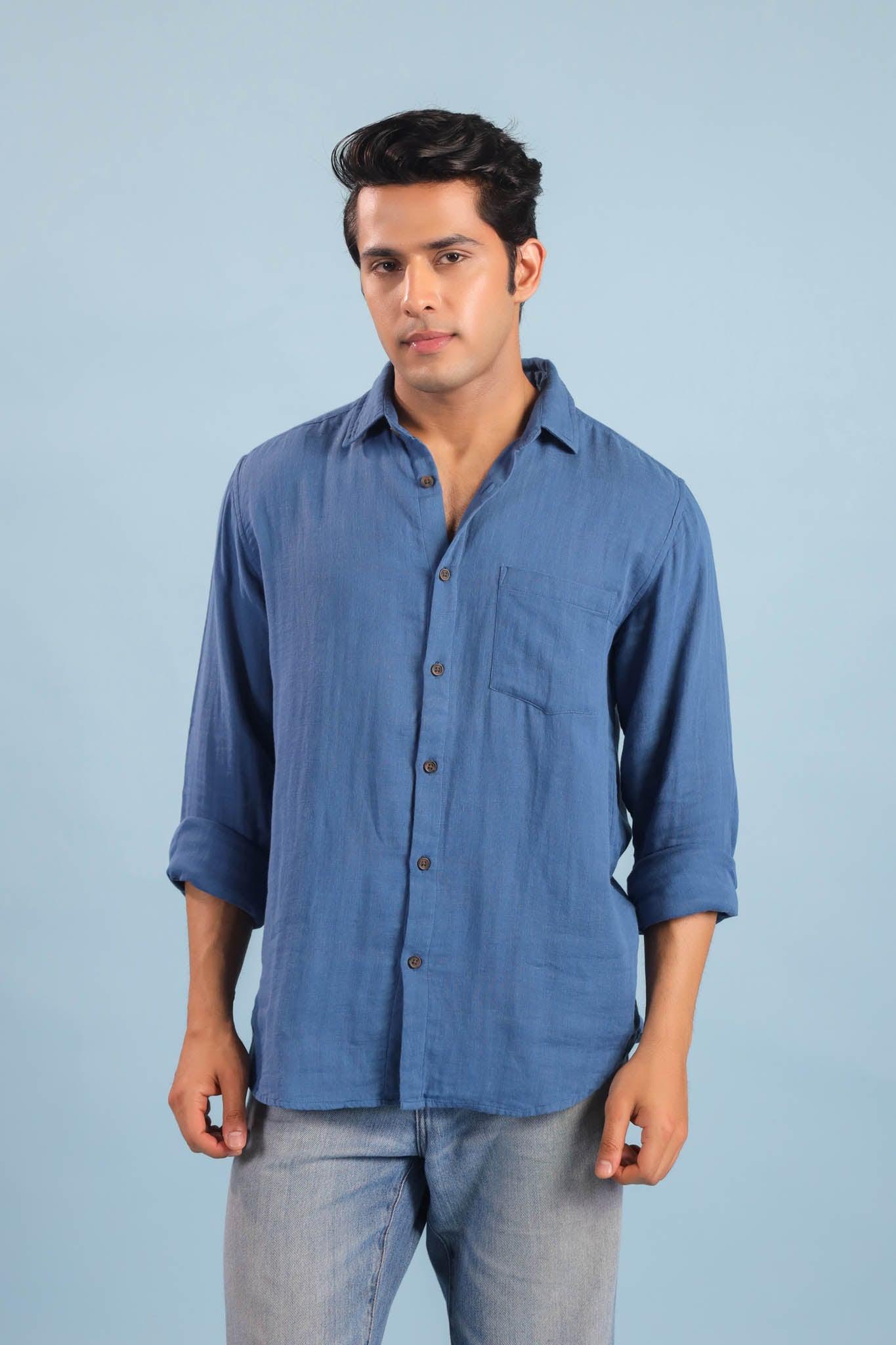 Men’s Double Gauze Cotton Shirt - Cobalt Blue