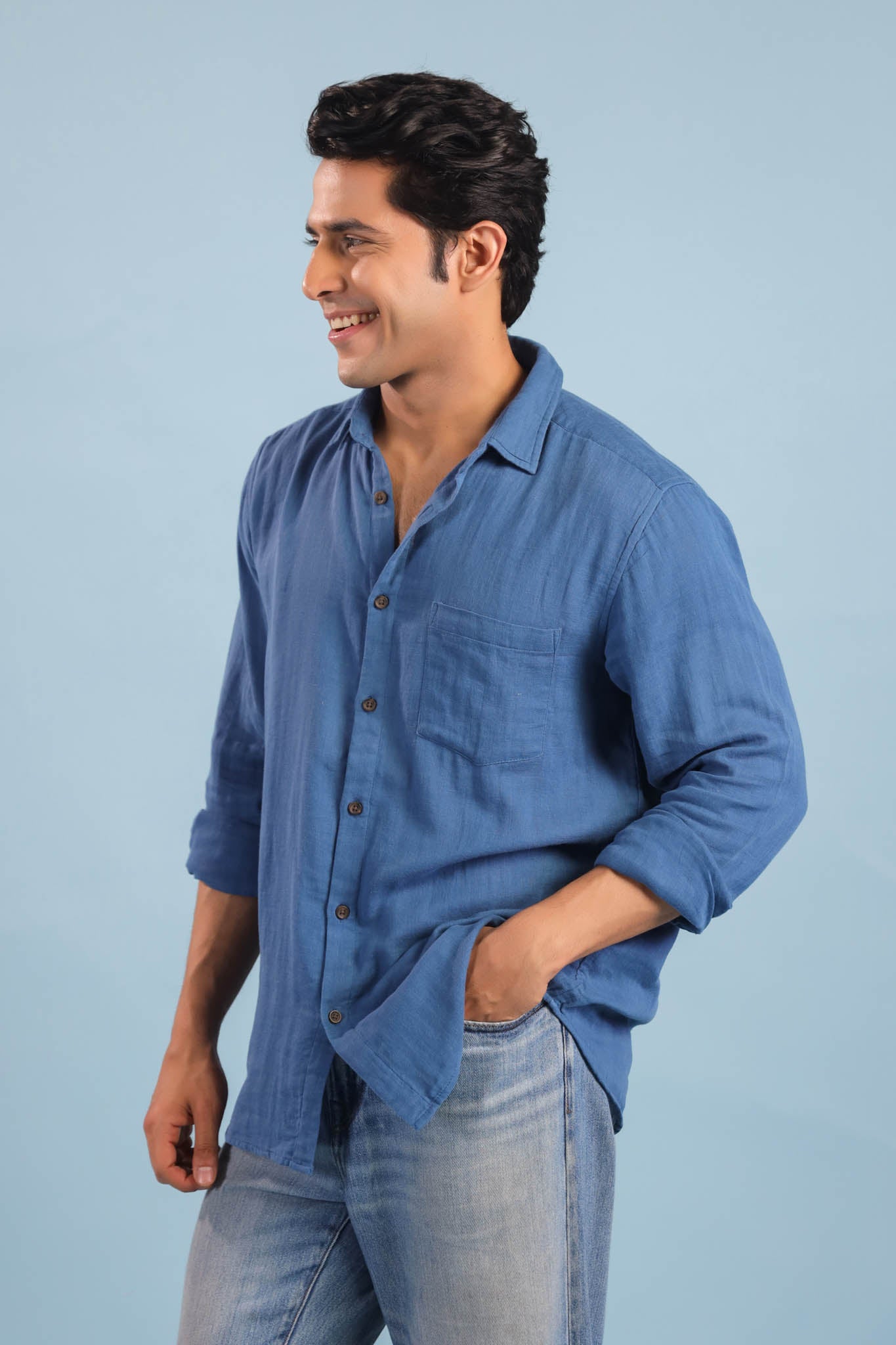 Men’s Double Gauze Cotton Shirt - Cobalt Blue