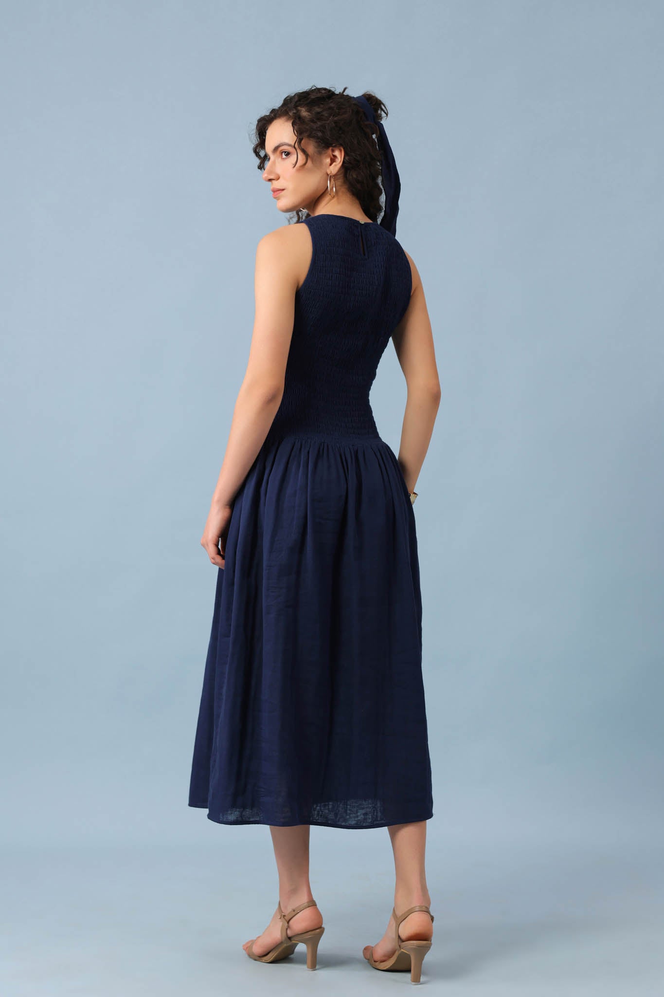 Smocked Drop Waist Dress-Navy Blue