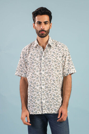 Floral Vine Cotton Shirt – White/Blue