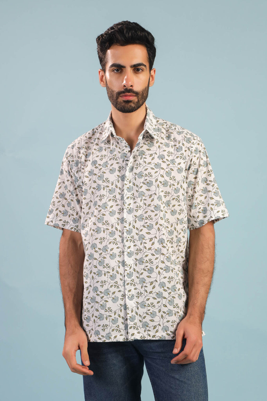 Floral Vine Cotton Shirt – White/Blue