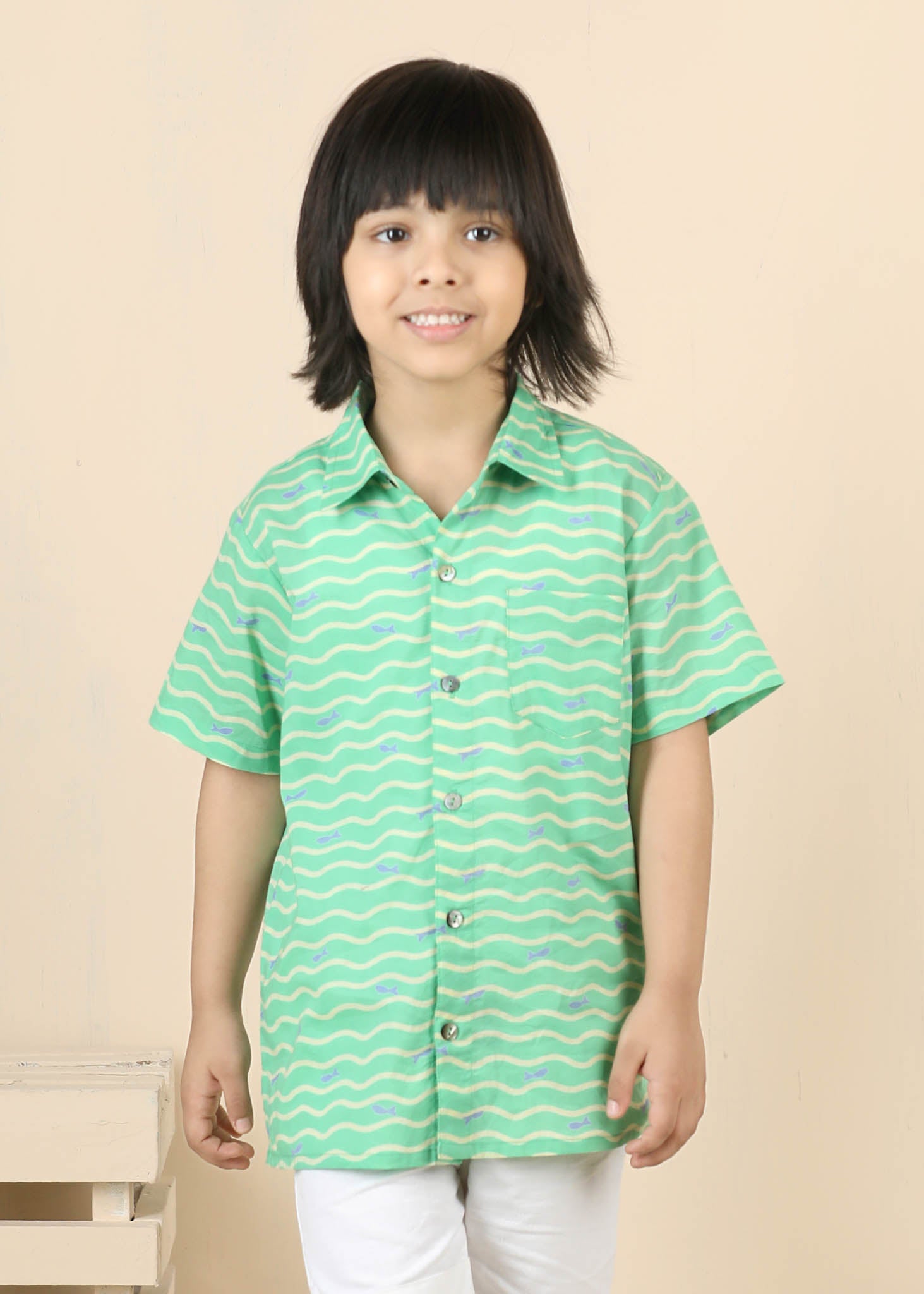 Fish Print Cotton Shirt – Green (6M–12 Yrs)