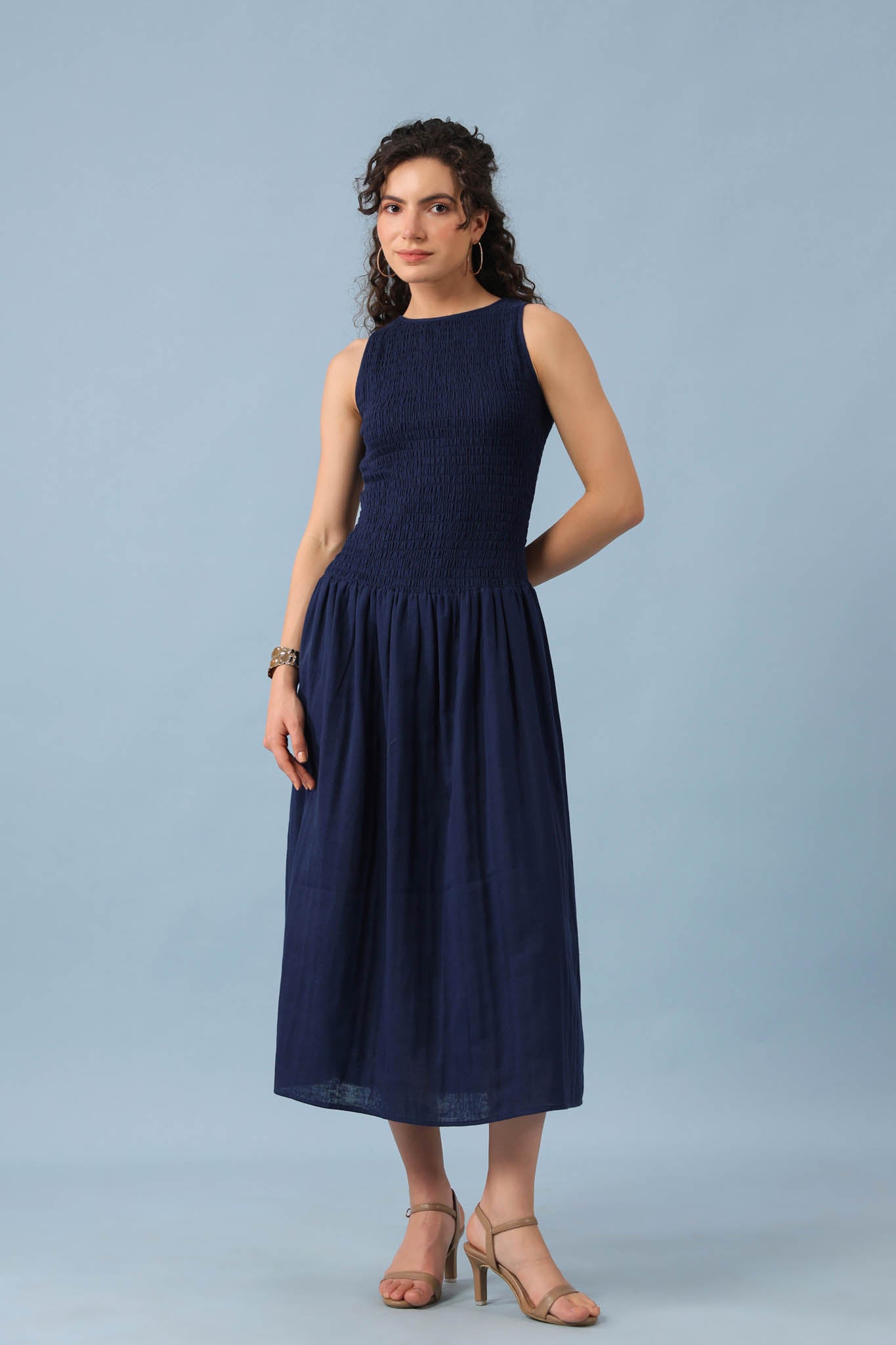 Smocked Drop Waist Dress-Navy Blue