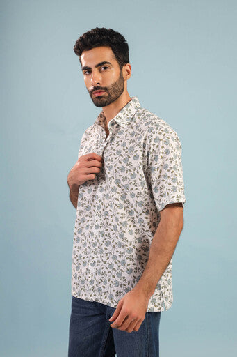 Floral Vine Cotton Shirt – White/Blue