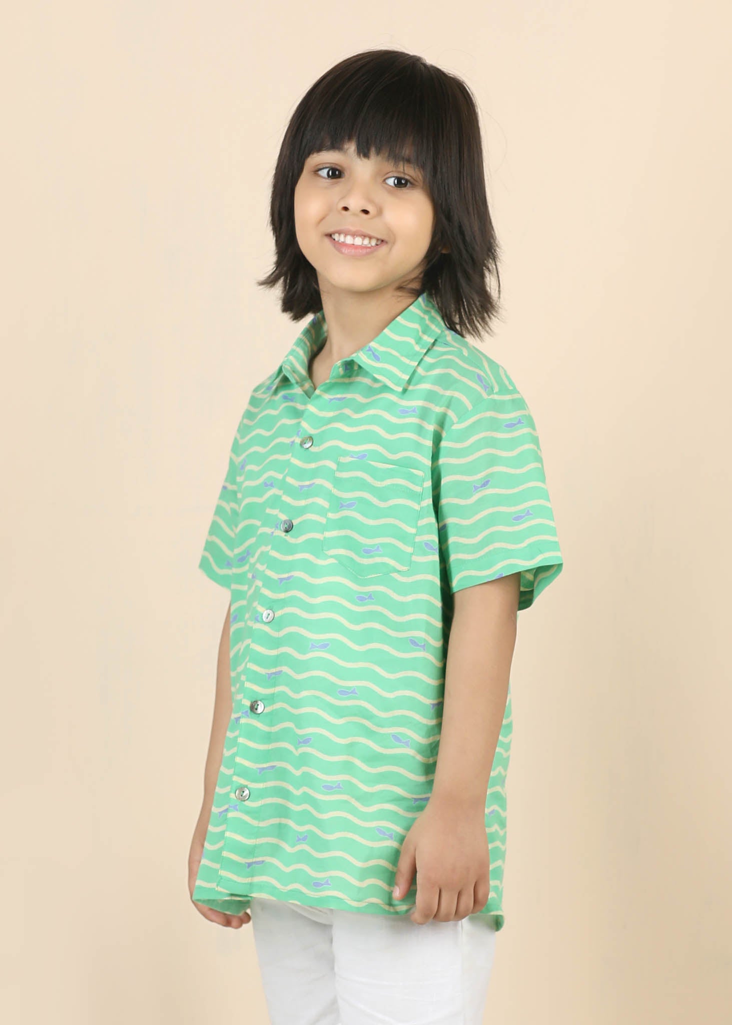 Fish Print Cotton Shirt – Green (6M–12 Yrs)