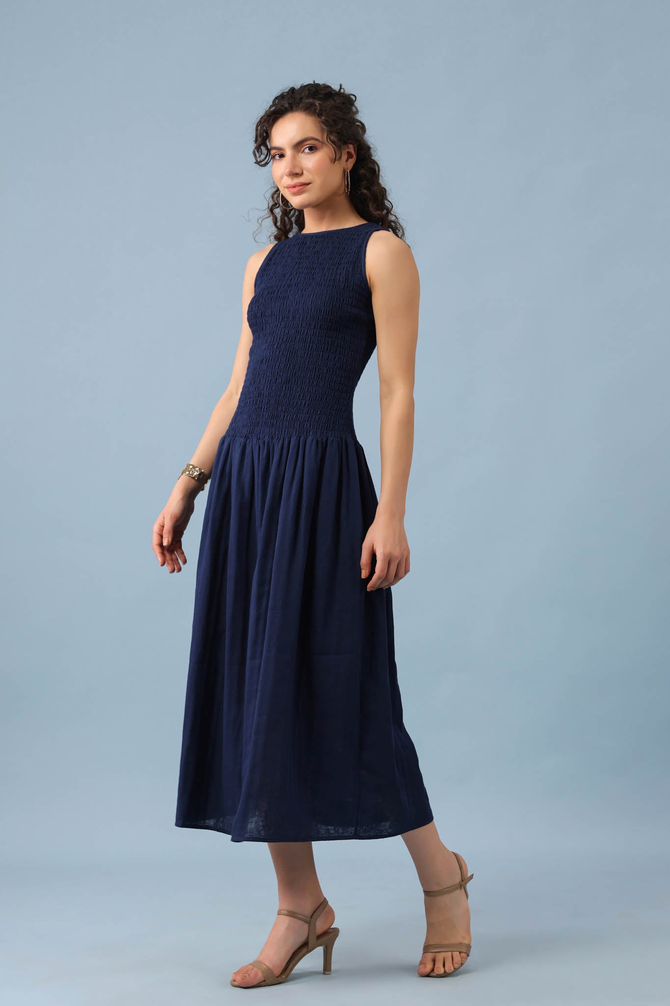 Smocked Drop Waist Dress-Navy Blue
