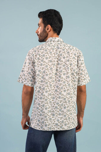 Floral Vine Cotton Shirt – White/Blue
