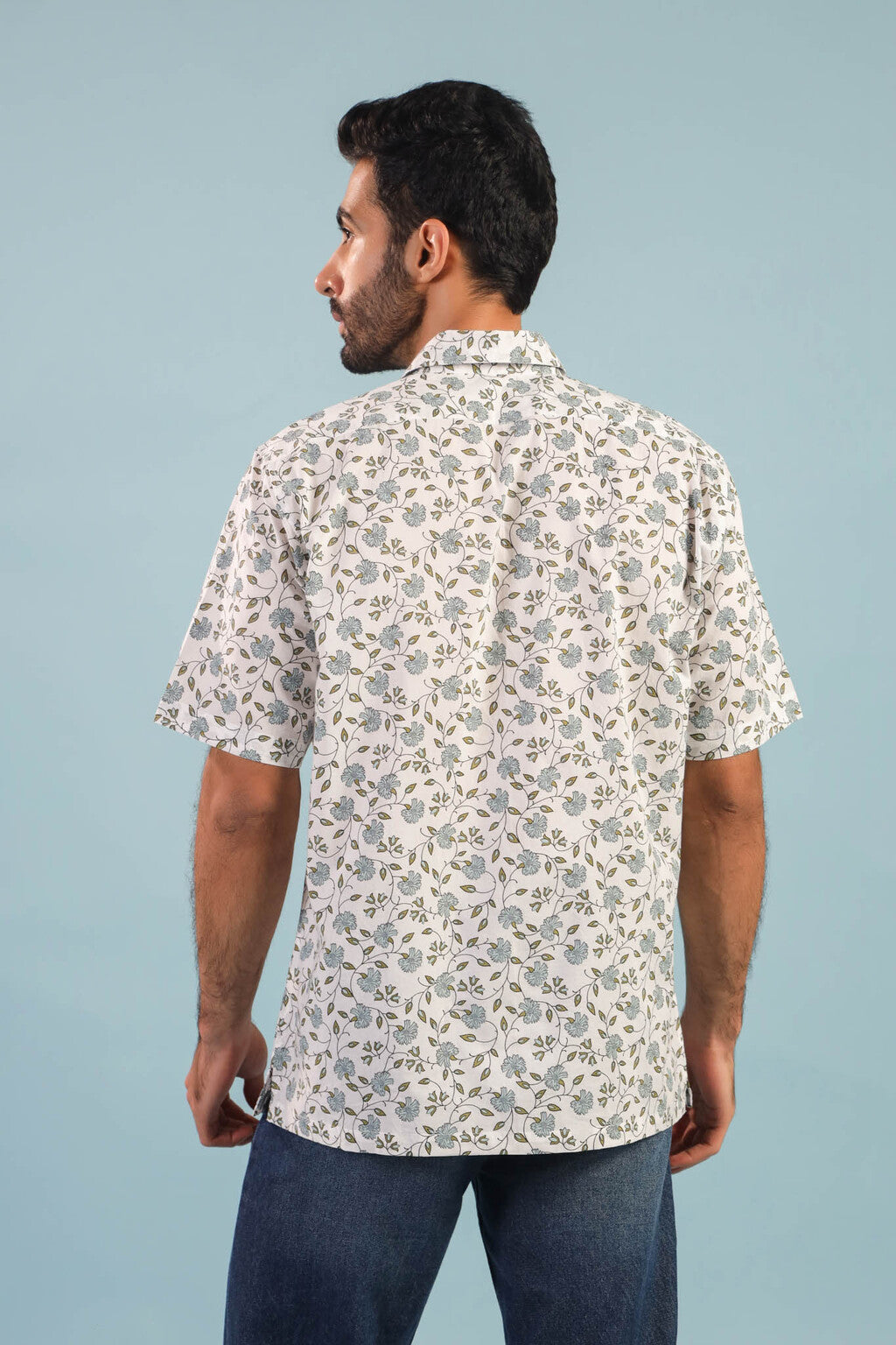 Floral Vine Cotton Shirt – White/Blue