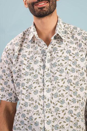 Floral Vine Cotton Shirt – White/Blue