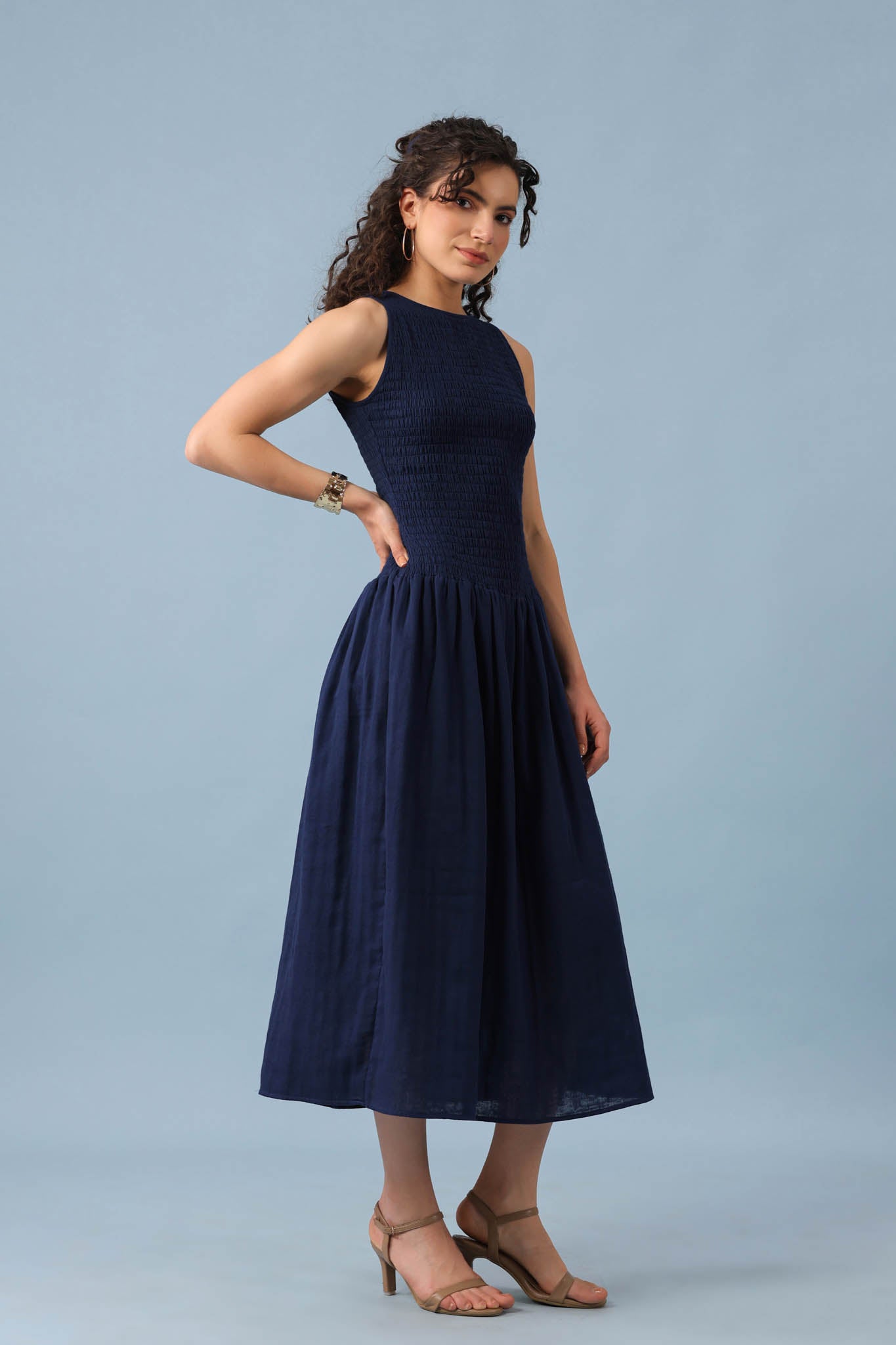 Smocked Drop Waist Dress-Navy Blue