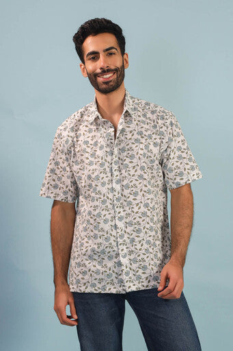 Floral Vine Cotton Shirt – White/Blue