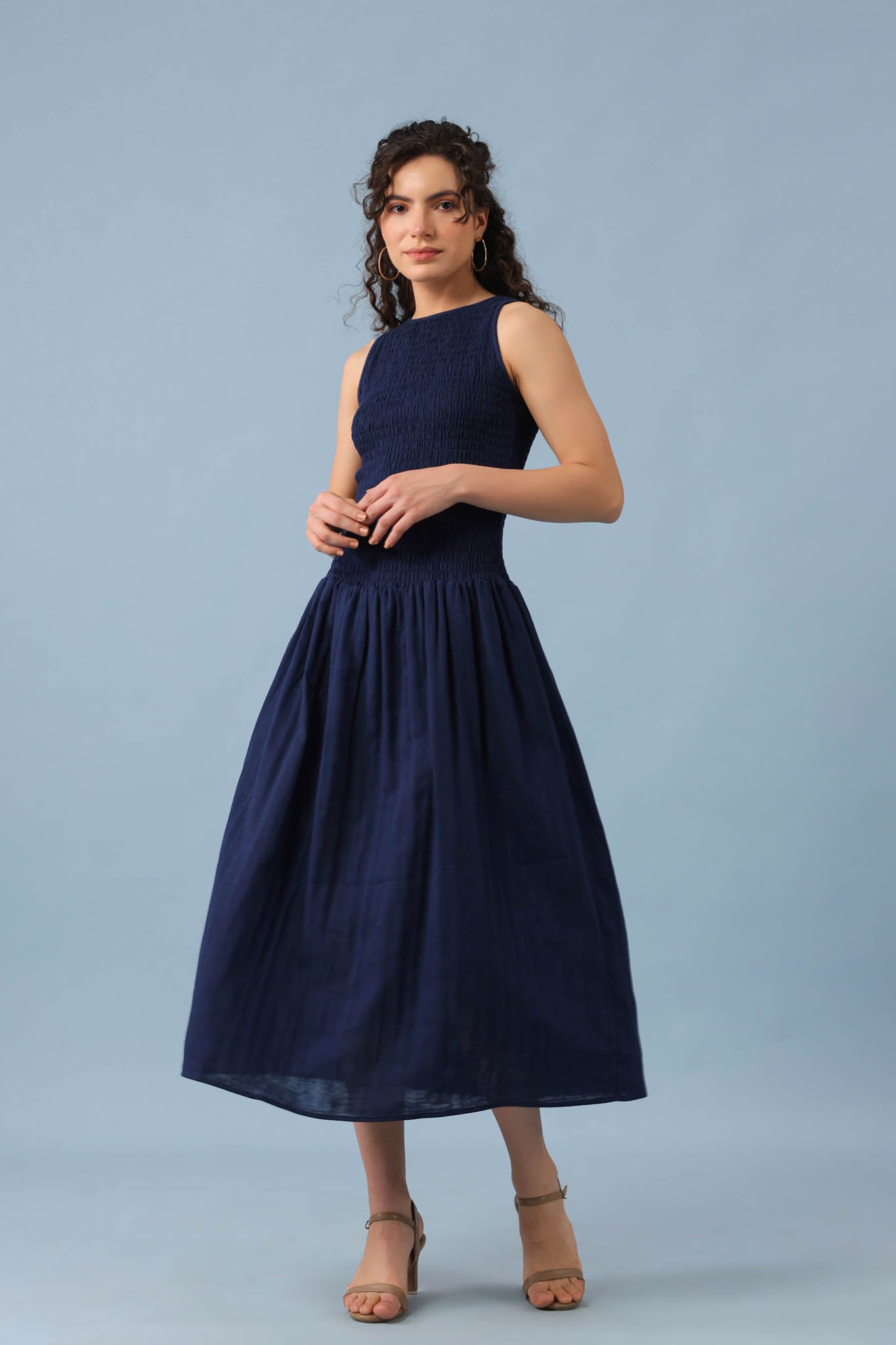 Smocked Drop Waist Dress-Navy Blue