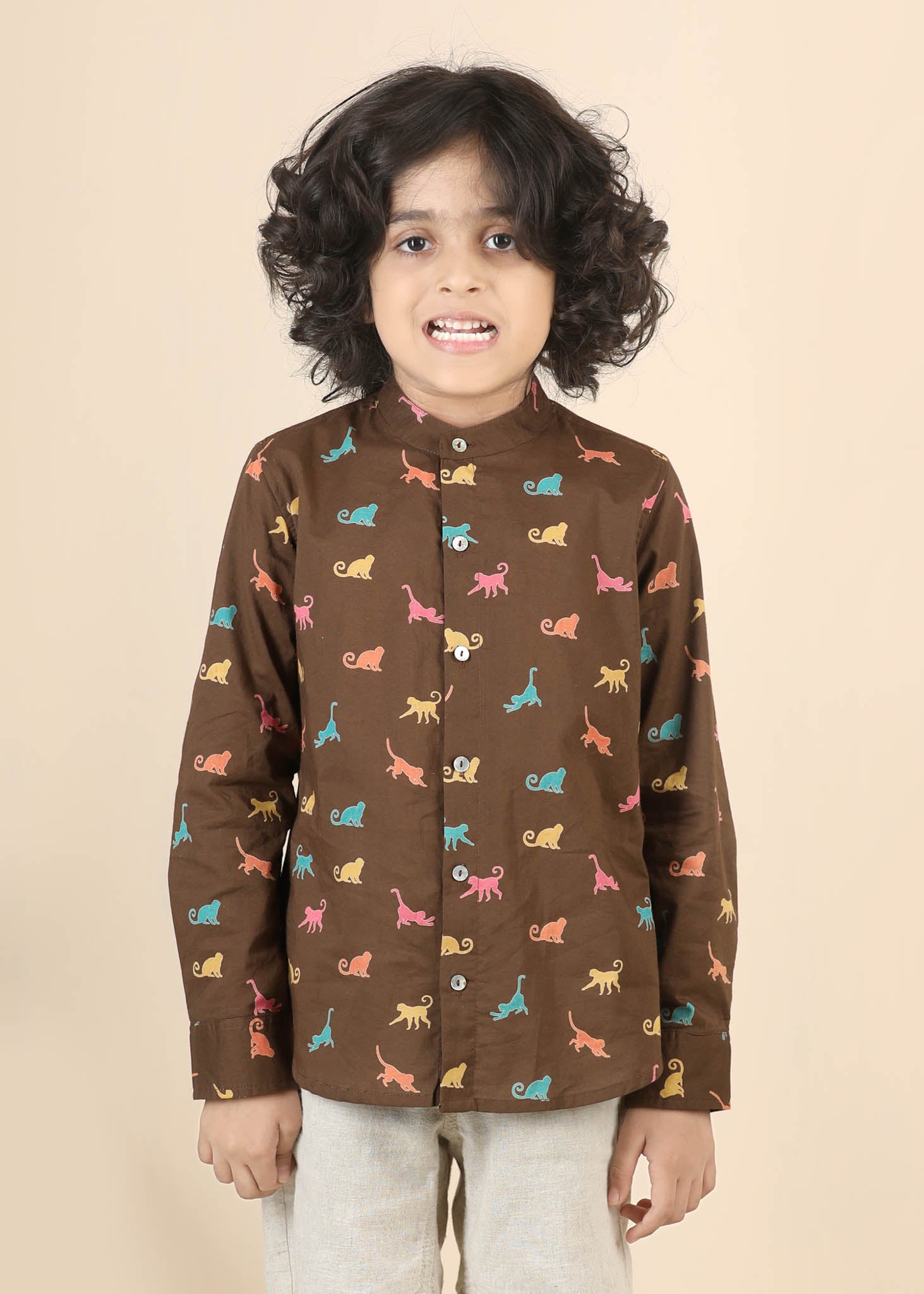 Monkey Print Cotton Shirt – Brown (6M–12 Yrs)