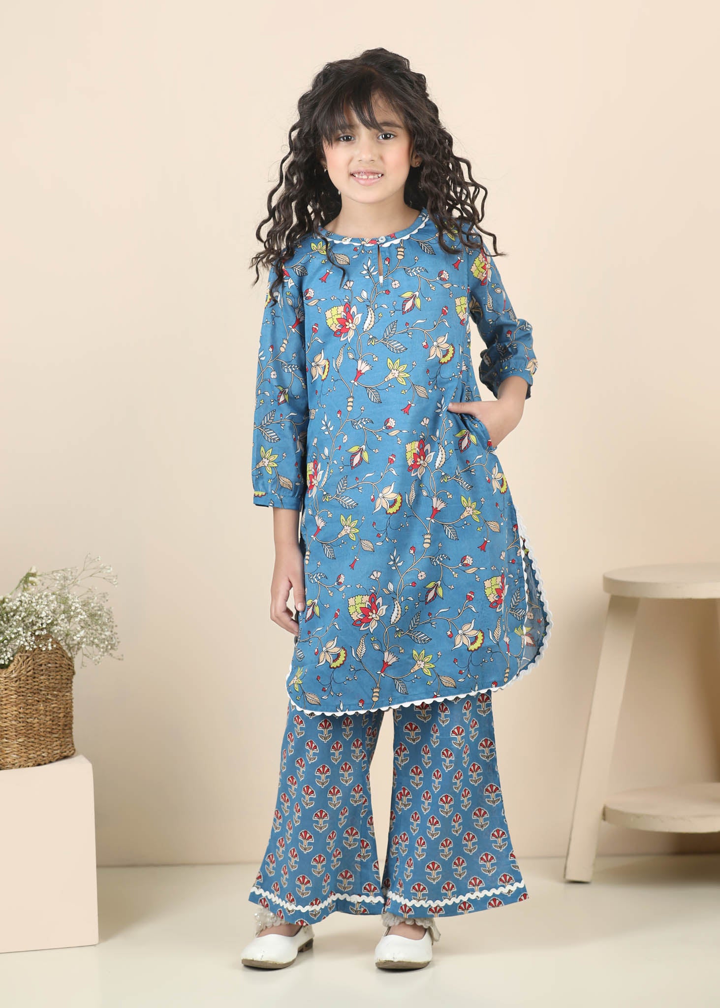 Boatneck Cotton Kurta Pant Set Girls – Blue (2–12 Yrs)