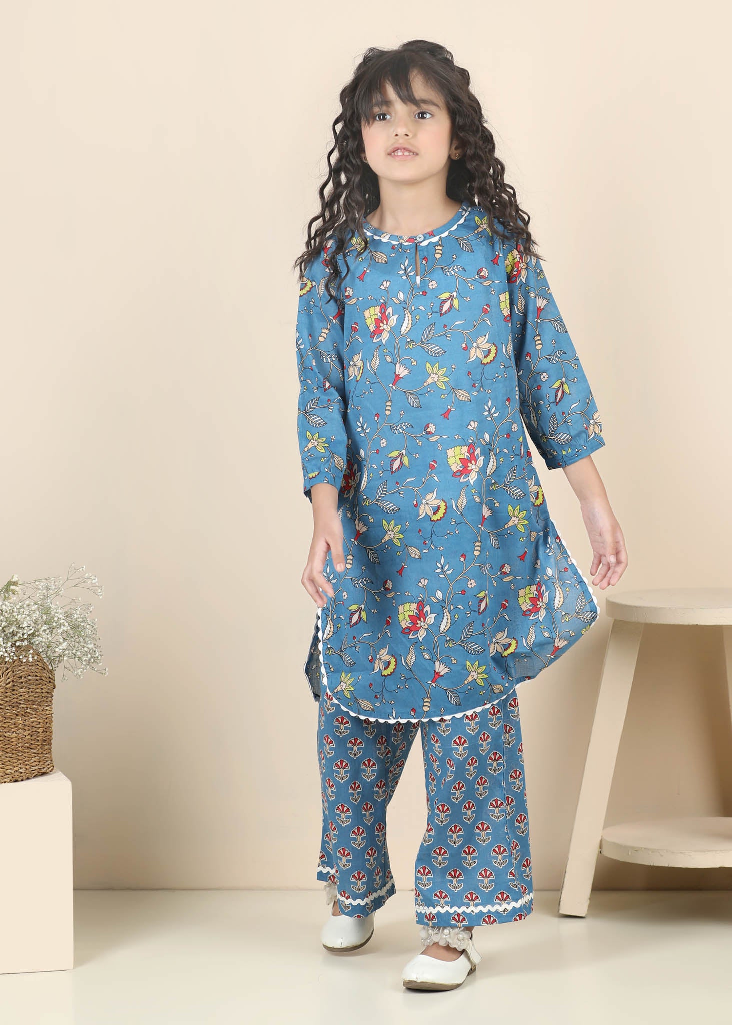 Boatneck Cotton Kurta Pant Set Girls – Blue (2–12 Yrs)