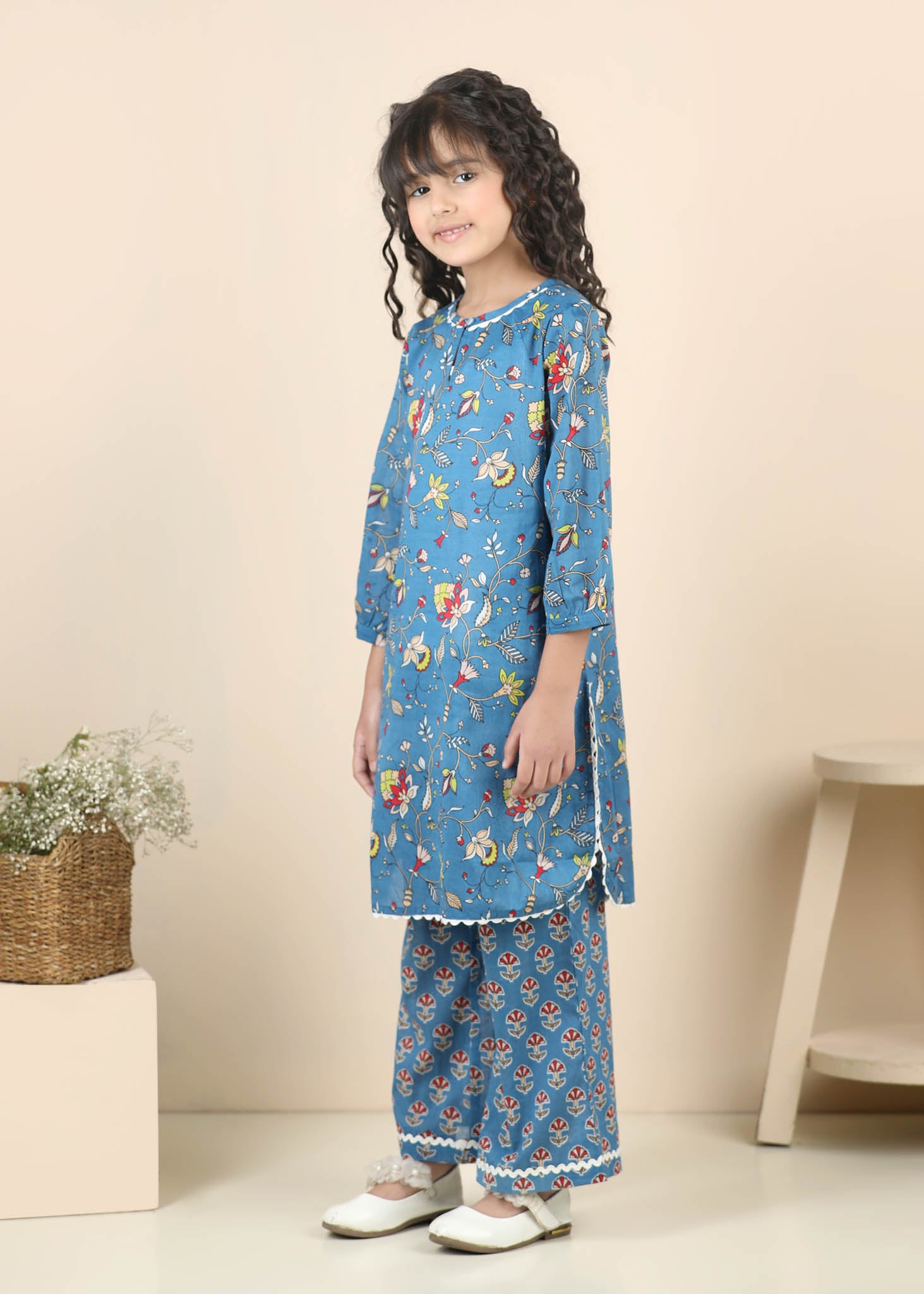 Boatneck Cotton Kurta Pant Set Girls – Blue (2–12 Yrs)