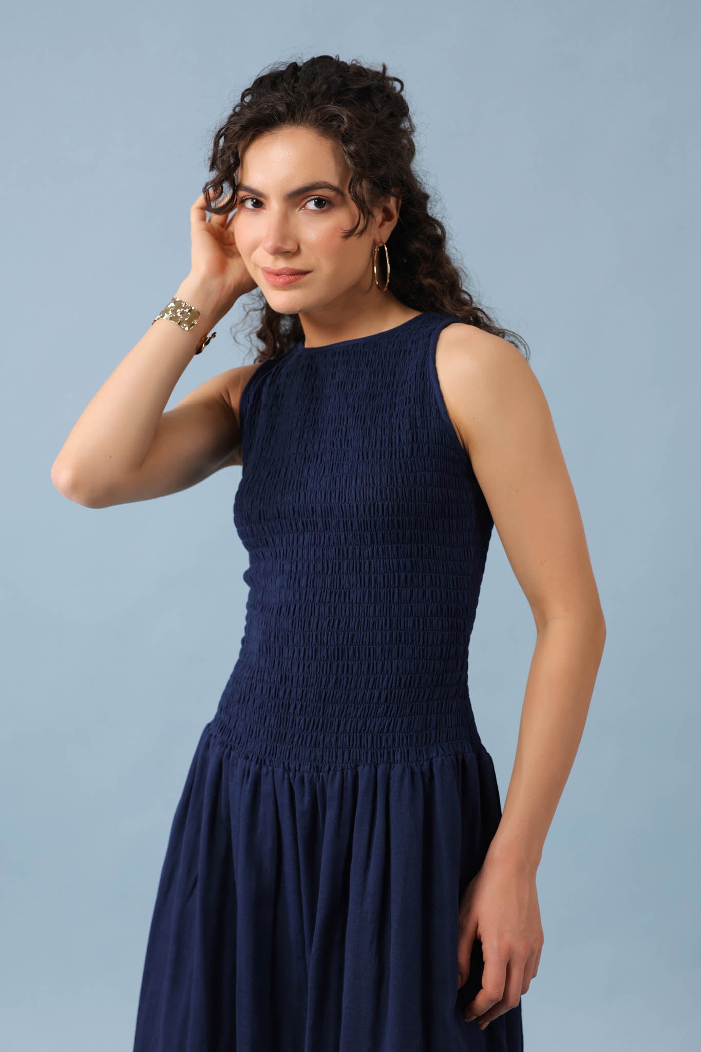 Smocked Drop Waist Dress-Navy Blue