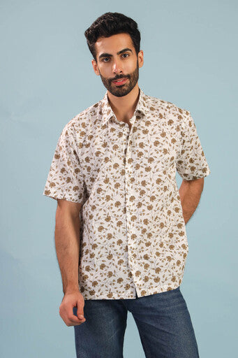 Floral Vine Cotton Shirt – White/Brown