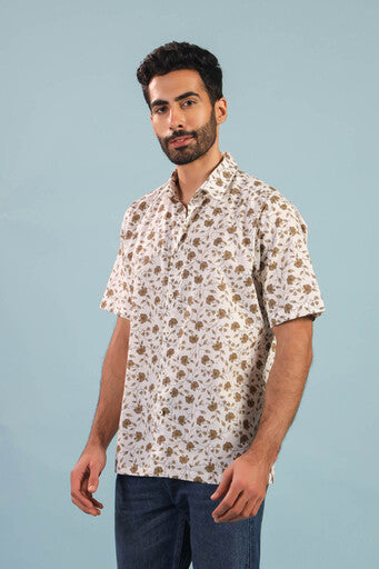 Floral Vine Cotton Shirt – White/Brown