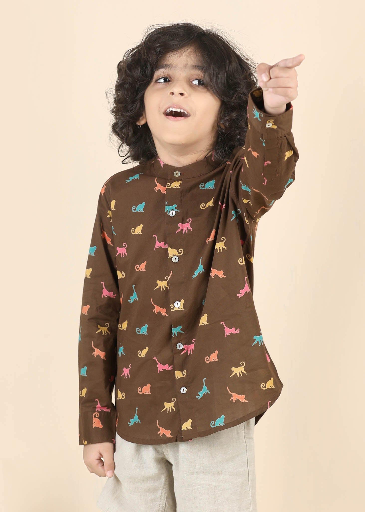 Monkey Print Cotton Shirt – Brown (6M–12 Yrs)