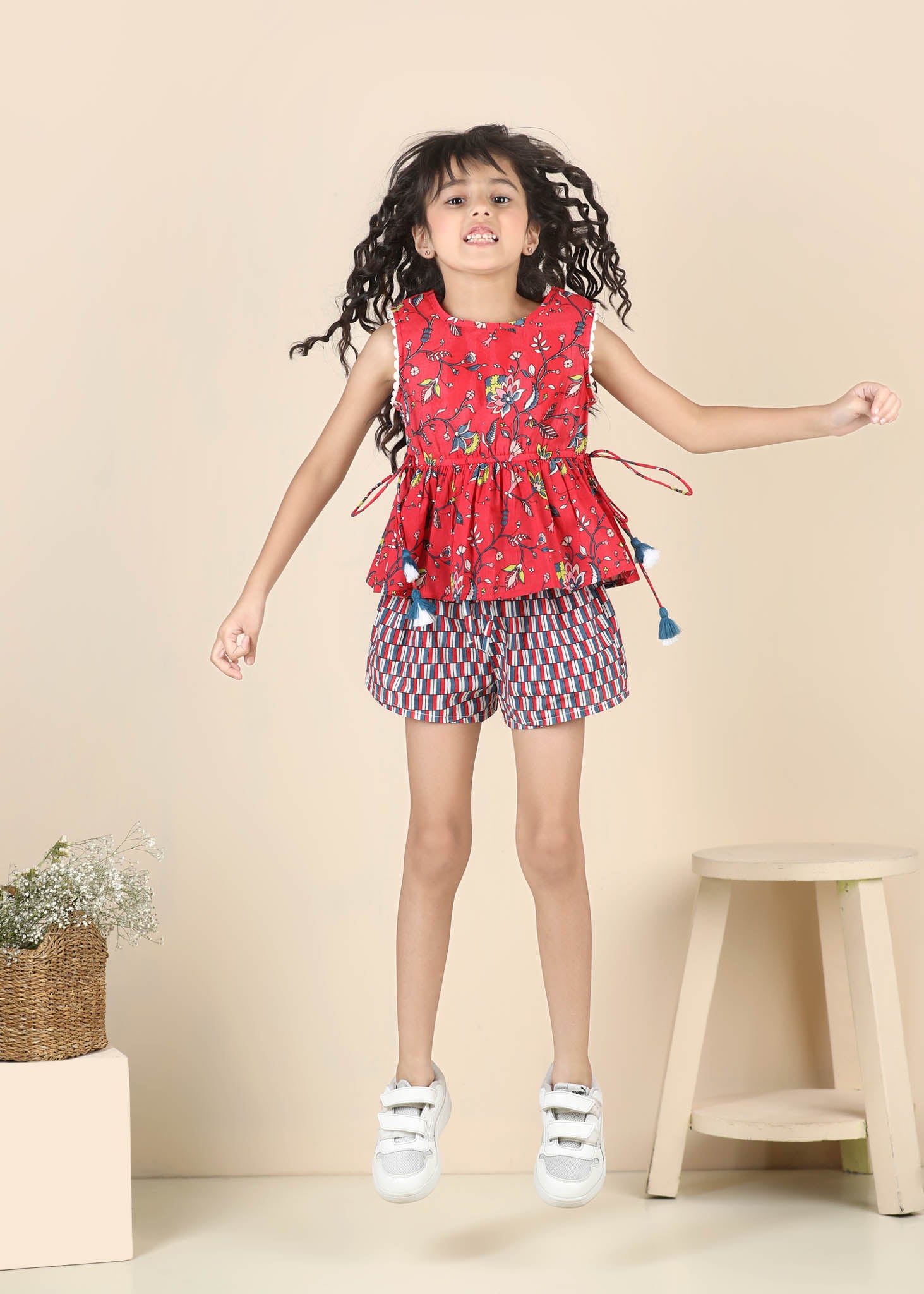 Peplum Jaal Cotton Top – Red (2–12 Yrs)