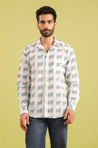 Hand Block Printed Nandi Motif Cotton Shirt — White & Blue