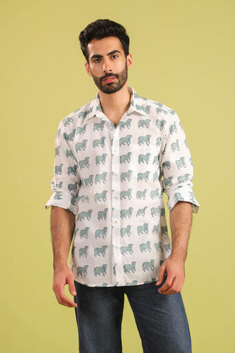 Hand Block Printed Nandi Motif Cotton Shirt — White & Blue