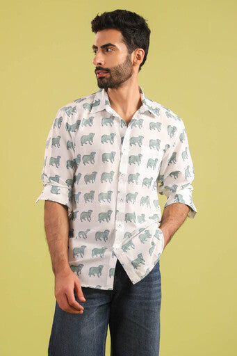 Hand Block Printed Nandi Motif Cotton Shirt — White & Blue