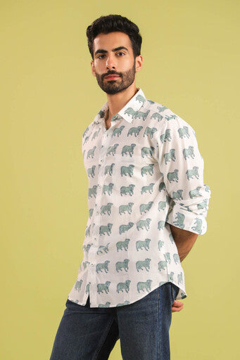 Hand Block Printed Nandi Motif Cotton Shirt — White & Blue