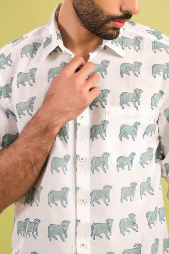 Hand Block Printed Nandi Motif Cotton Shirt — White & Blue