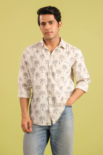 Hand Block Printed Palm Motif Cotton Shirt — White & Green