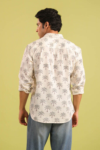 Hand Block Printed Palm Motif Cotton Shirt — White & Green