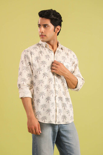 Hand Block Printed Palm Motif Cotton Shirt — White & Green