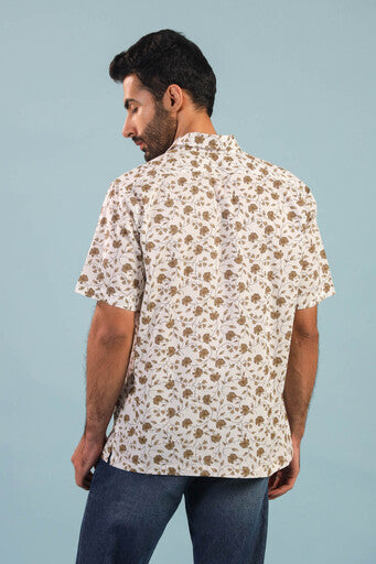 Floral Vine Cotton Shirt – White/Brown
