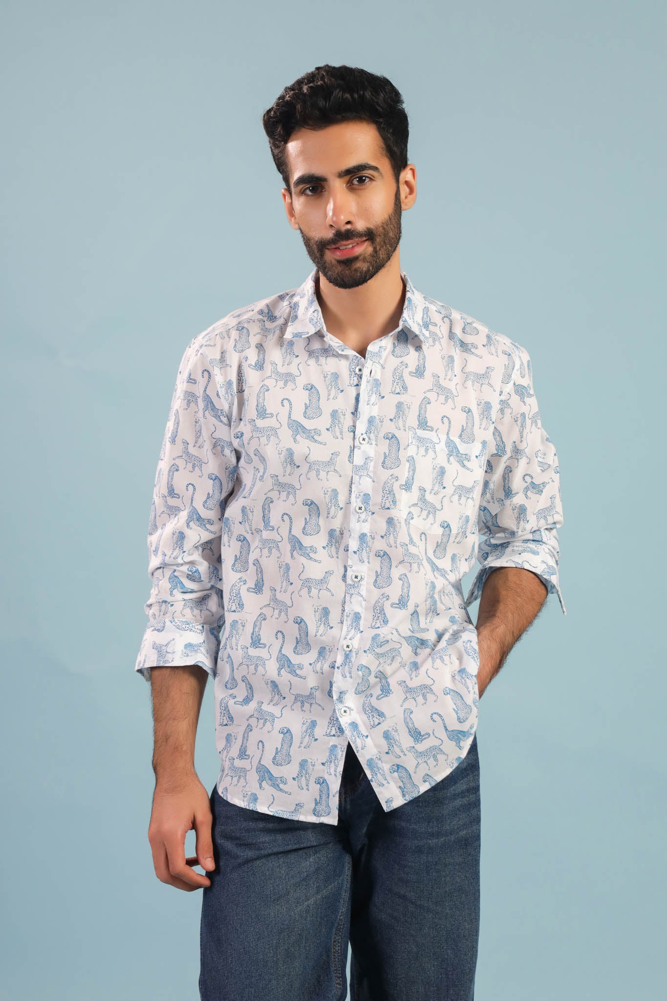 Leopard Print Cotton Shirt - White/ Ice blue