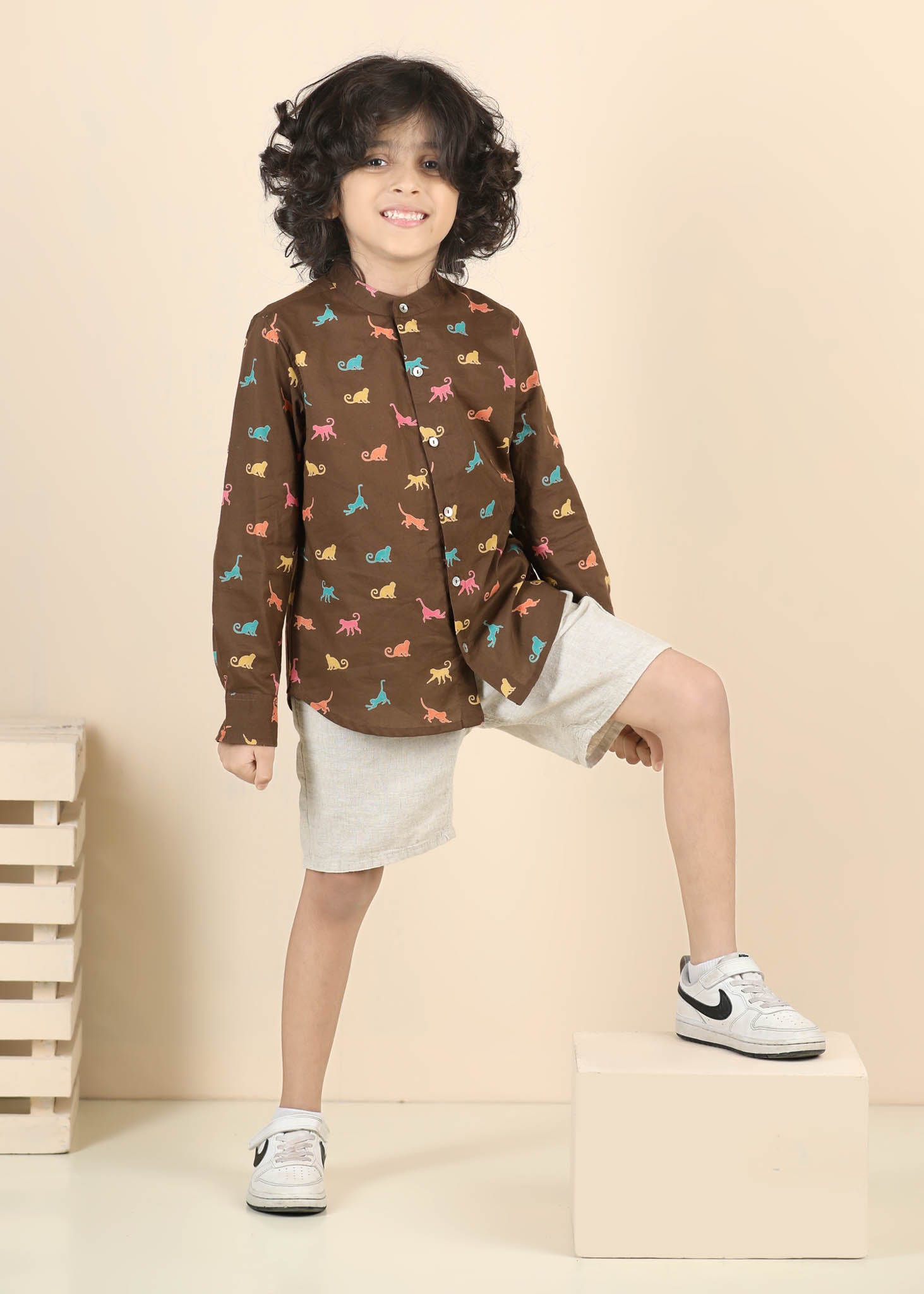 Monkey Print Cotton Shirt – Brown (6M–12 Yrs)