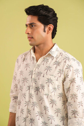 Hand Block Printed Palm Motif Cotton Shirt — White & Green