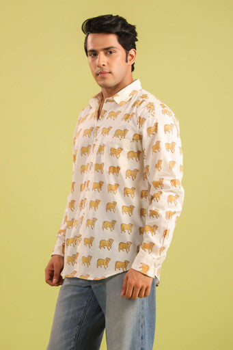 Hand Block Printed Nandi Motif Cotton Shirt — White & Mustard