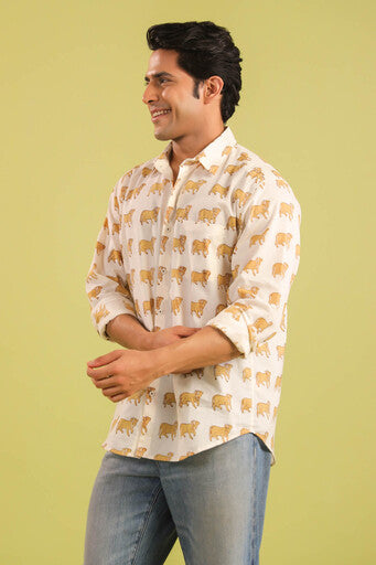 Hand Block Printed Nandi Motif Cotton Shirt — White & Mustard