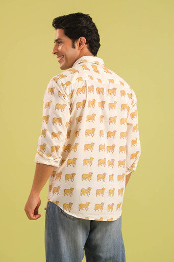 Hand Block Printed Nandi Motif Cotton Shirt — White & Mustard