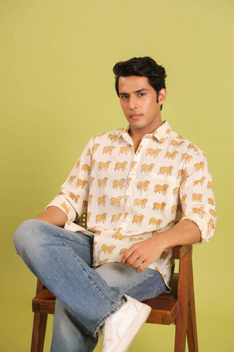 Hand Block Printed Nandi Motif Cotton Shirt — White & Mustard